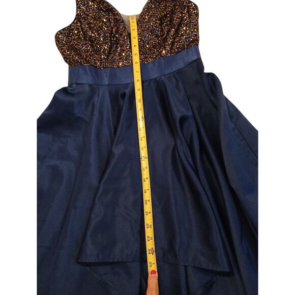 Elegant Formal Dress Sz 8 Navy Blue Gold Sequins Top Spaghetti Straps HI-LO Prom - Picture 14 of 16